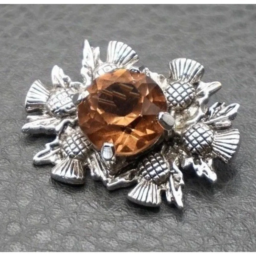 Vintage Celtic Thistle Brooch Amber Orange Crystal Rhinestone Silver Tone